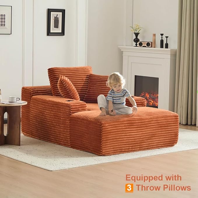 66" Oversized Chaise Lounge Sofa Chair Indoor, Modern Corduroy Single Sleeper Couch Chair with 3 Soft Pillows＆Cup Holder, Boneless Cloud Couch Single Seat Sofa Bed for Living Room Office (Brown)