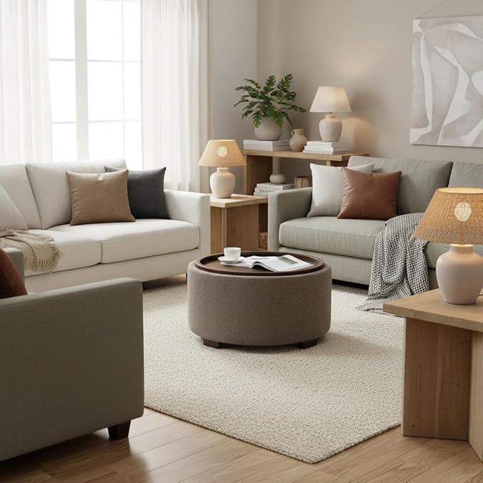 30 Inch Round Storage Ottoman Coffee Table, Modern Boucle Ottoman with Lift-Off Lid and Solid Wood Legs for Living Room, Bedroom, Corners, Apartments (Brown)