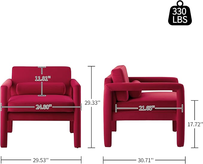 Art Leon Modern Accent Chair, Velvet Upholstered Arm Chair with Pillow, Single Sofa Chair for Living Room Bedroom, Red