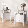 White Night Stand Set 2, Vintage Nightstand with Charging Station, Bedside Table with 2 Drawers, End Table with Solid Wood Legs, Bed Side Tables for Bedroom, White