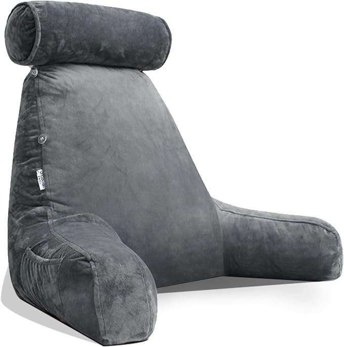 mittaGonG Extra Large Reading Pillow for Sitting in Bed Adult with Detachable Neck Support Cushion & Backrest Pillow for Bed with Arms and Side Pocket Shredded Foam Back Pillow with Washable Cover