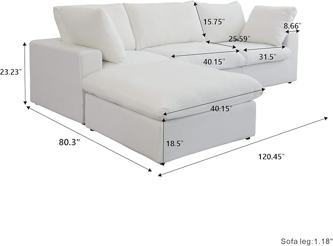 WJShome Modular Sectional Sofa,L Shaped Cloud Couch Sectional,120inch Deep Seat Couches, 3 Seater+ 1 Storage Ottoman for Living Room/Office (White, 4 Seater)