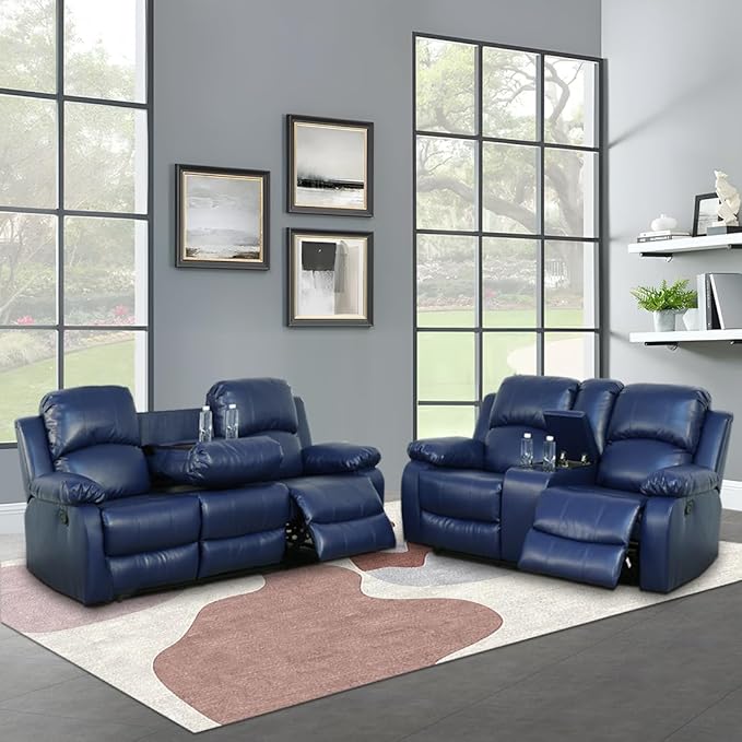 AYCP Bonded Leather Living Room Furniture Set Reclining Sofa Set Loveseat Furniture Sets in Living Room Sofa Recliners (Sofa+Loveseat, Blue)