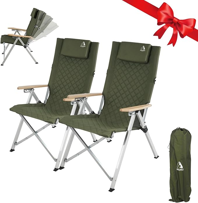 Reclining Camping Chair, Heavy Duty Folding Chairs with 4-Stage Adjustable High Back for Adults, Compact Foldable Outdoor Patio Reclining Chair with Storage Bag (Green, 2 Pack)