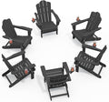 KINGYES Folding Adirondack Chair Set of 6, HDPE All-Weather Patio Chairs with Cup Holder, Wooden Textured Fire Pit Chairs for Poolside, Backyard, Deck, Grey