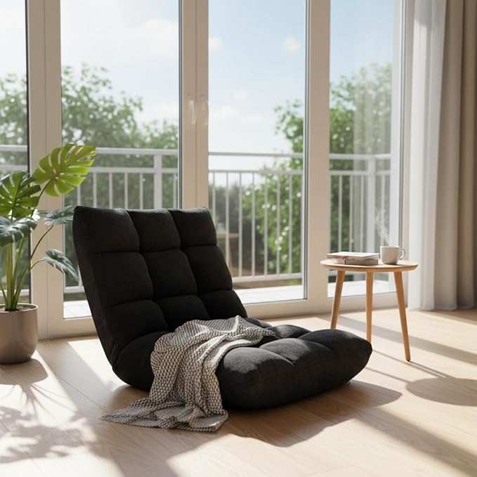 S AFSTAR Cushioned Floor Chair, 14-Position Adjustable Padded Lazy Recliner with Comfortable Back Support and Skin-Friendly Cover, Great for Reading, Playing Game, Meditating (Mysterious Black)