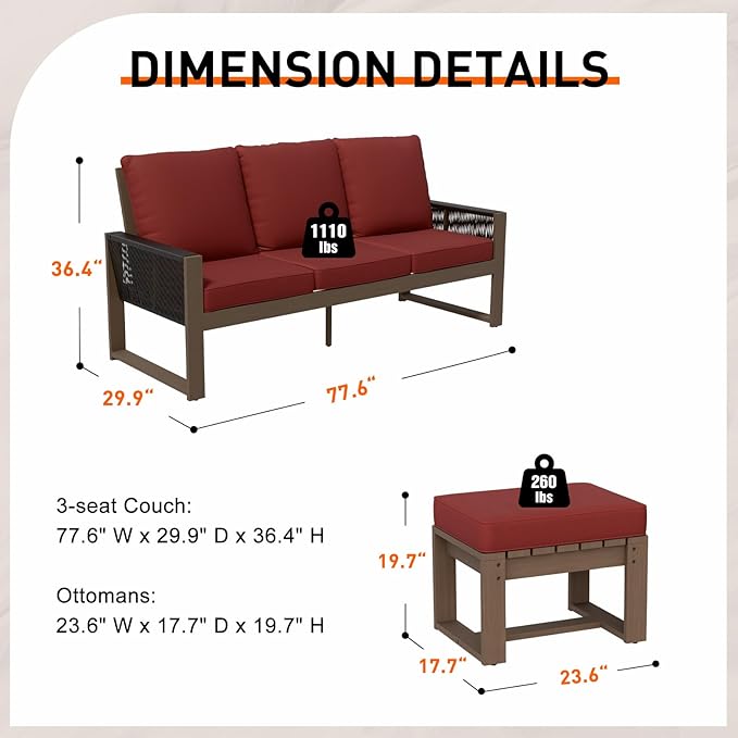 INTER HUT Rustic Hideaway Natural Cedar Wood Outdoor Furniture Set, Wicker Patio Conversation Set for Porch Garden Backyard, Couch and 2 Ottomans, 3 Piece, Brownish/Red