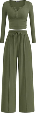 PRETTYGARDEN Women's 2026 Fall Trendy 2 Piece Outfits Lounge Sets Long Sleeve Top Henley Shirts Wide Leg Pants Travel Clothes