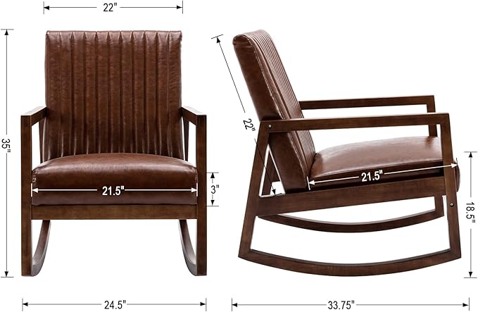 CIMOTA Leather Modern Rocking Chair Mid Century Armchair Upholstered Arm Chair with Padded Seat/Wood Frame, Comfy Rocker for Living Room/Bedroom, Retro Dark Brown PU