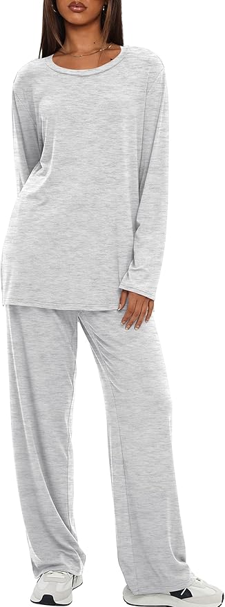 Darong Women's 2 Piece Lounge Set Casual Long Sleeve Crew Neck Tops Wide Leg Pants Travel Airport Outfit Matching Sets