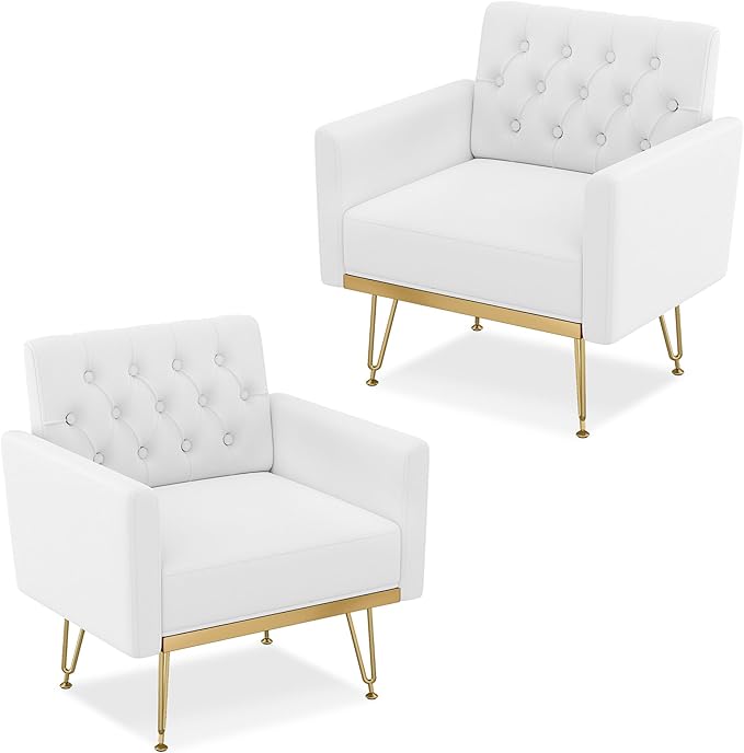 Accent Chair for Living Room, Comfy Oversized Velvet Upholstered Arm Chairs, Mid Century Modern Reading Single Sofa Side Chair with Tufted Back and Gold Legs for Bedroom (2, Pure White)