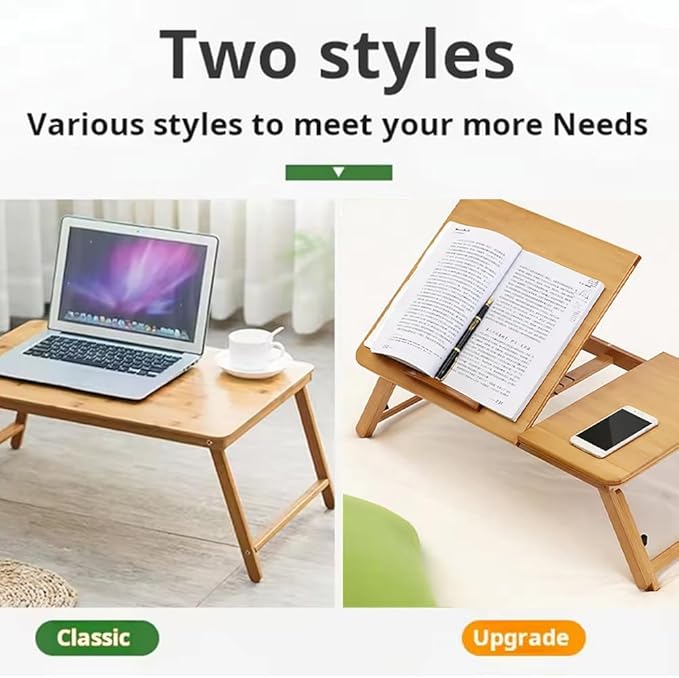 CuisinSmart Foldable Lap Desk with Adjustable Angle & Height, Bamboo Laptop Bed Tray, Portable Bed Table for Dorm Room, Floor Desk for Breakfast, Reading, Writing