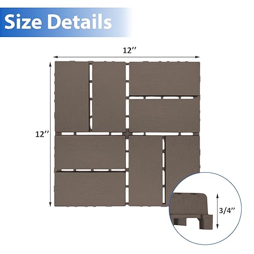 12 PCS 12x12 Inch Interlocking Deck Tiles - Waterproof All-Weather Outdoor Patio Flooring for Pool, Balcony, Backyard, Porch & Garden, Chocolate