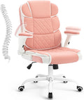 SEATZONE Ergonomic Office Chair Pink PU Leather Desk Chairs Computer Chair with Wheels and Flip-up Arms,Rolling Swivel Task Chair for Women,Girls