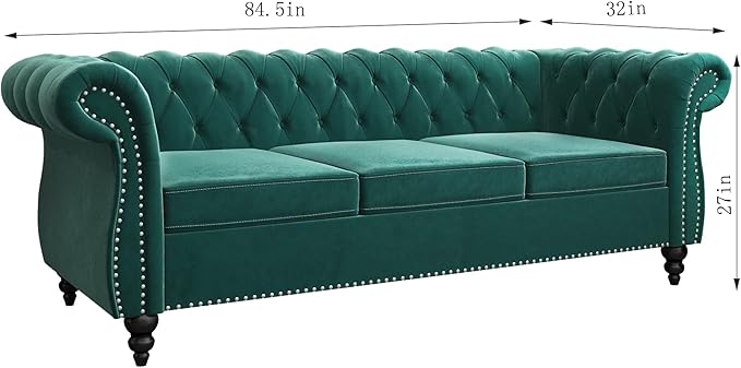 QHITTY Accent Large Sofa, Chesterfield Couch 3 Seater Modern Velvet Couch Upholstered Sofa with Tufted Back for Living Room Furniture (Green)
