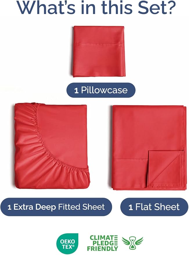 Extra Deep Pocket Twin XL Sheets - 3 Piece Breathable & Cooling Bed Sheets - Hotel Luxury Bed Sheet Set - Soft, Wrinkle Free & Comfy - Easily Fits Extra Deep Mattresses - Deep Pocket Red Sheets Set