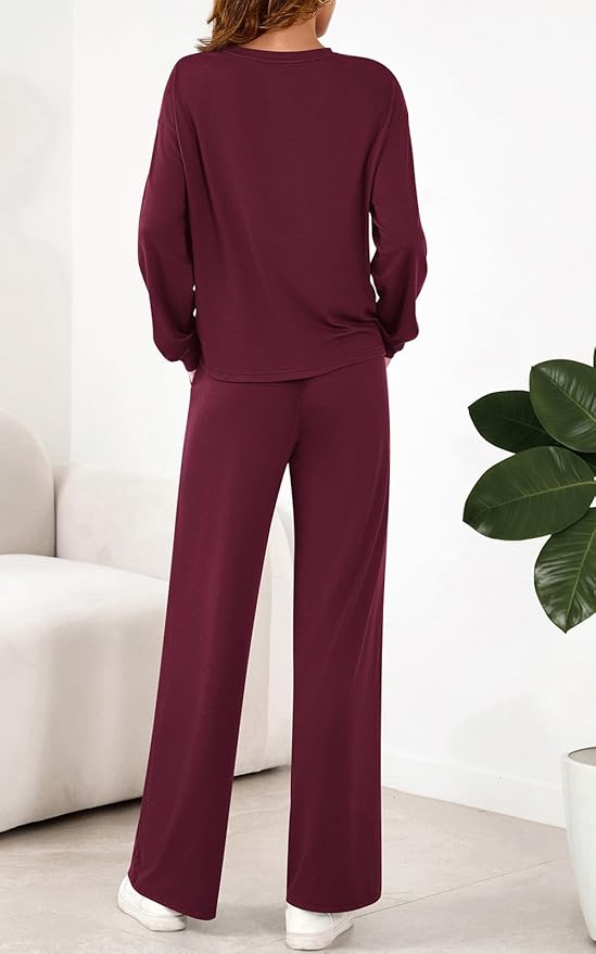 PRETTYGARDEN Womens 2 Pieces Lounge Sets Crewneck Long Sleeve Wide Leg Drawstring Pants Tracksuits Loose Fit Outfits Set