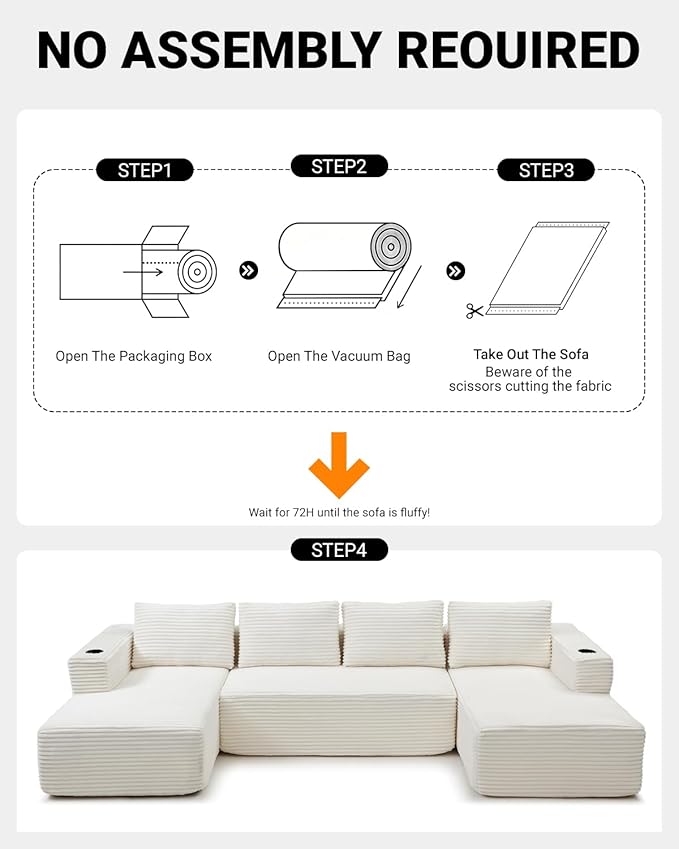 132" Modular Sectional Sleeper Sofa, Boneless Cloud Couch for Living Room, U Shaped 5 Seat Sofa with 2 Cup Holders, Free Combination, No Assembly Required (Beige)