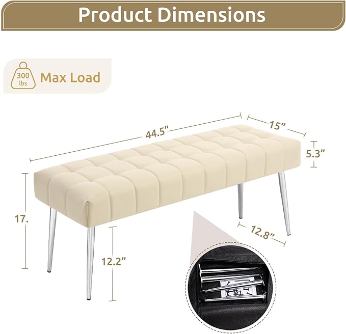 Apicizon 44.5”Entryway Bench, Soft Faux Leather Indoor Bench with Metal Legs, Modern Cushion Ottoman Bench for Bedroom, Living Room, Entrance, Dining Room, Beige