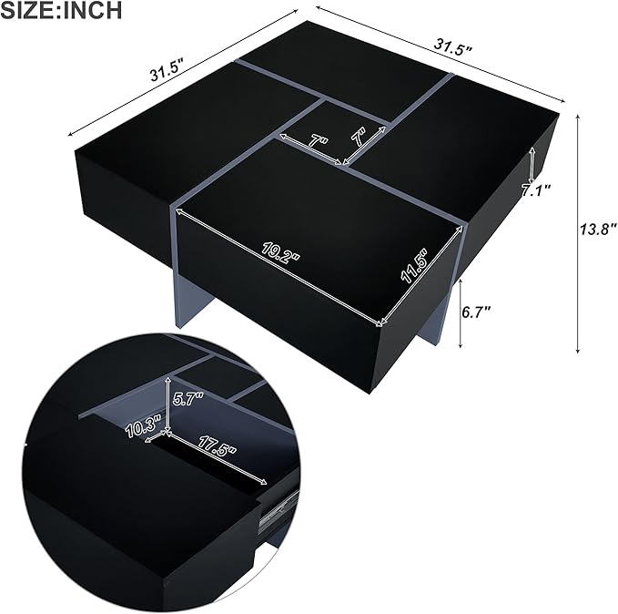 HanStrong 31.5" Square Coffee Table with 4 Hidden Storage Compartments,Cocktail Table with Extendable Sliding Tabletop,UV High-Gloss Design Center Table for Living Room,Black