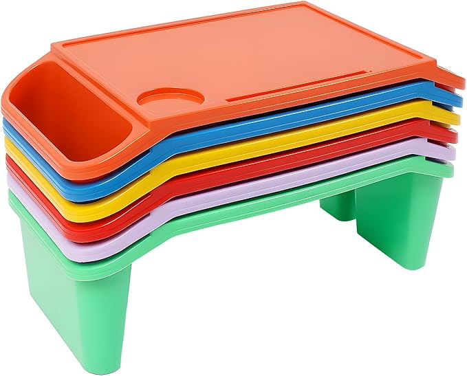 6 Pack Kids Lap Desk Tray with Storage Slots, Plastic Breakfast Laptop Trays, Multicolor Kids Plastic Table, for Kids Students Eating Work Study School Classroom (Multicolor)
