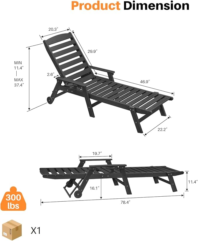 HDPE Outdoor Chaise Lounge, 78.4'' Poly Lounge Chair with Rolling Wheels & Cup Holder, 5 Positions Adjustable Outdoor Lounger, HDPE Patio Chaise Lounge Chair for Pool, Backyard, Obsidian