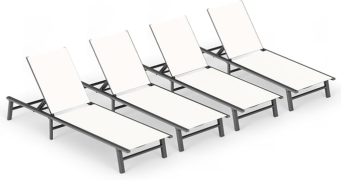Ciokea Aluminum Outdoor Lounge Chair Set of 4- No Assembly Needed, Foldable Patio Chaise Lounge with 5 Adjustable Positions, Reinforced Frame for Extra Durability, Pool Beach Lounge Chair,White