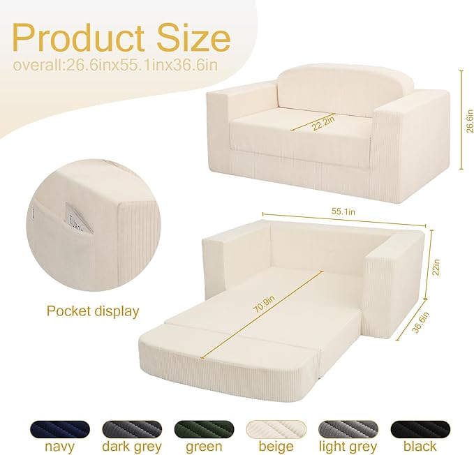 MeMoreCool Convertible Sofa Bed – Small Beige Fold Out Couch for Adults, Corduroy Floor Sleeper Loveseat Compact Trifold Sofa | Boneless Cloud Couch | No Assembly | Guest Bed for Bedroom & Apartment