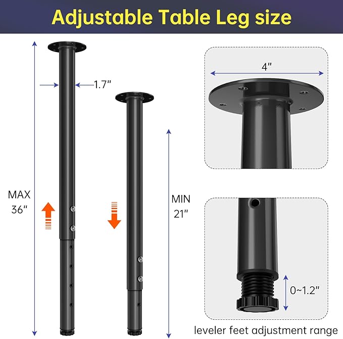 KOMOHOM Adjustable Metal Table Leg 21~36 Inch, Adjustable Metal Desk Legs, Home Office DIY Furniture Leg Set, for Computer Desk Dining Table Office Desk (4, Black)