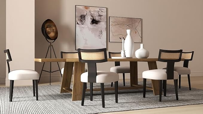 RIVOVA Rattan Dining Chairs Set of 4, Modern Dining Chair, Kitchen Dining Room Chair, Curved Cane Back Upholstered Linen Fabric Dining Chairs with Black Wood Frame, Beige