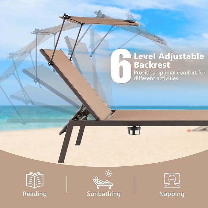 HAPPYGRILL Outdoor Chaise Lounge, 6-Position Recliner Lounger with Adjustable Sun Shade & Cup Holder, Adjustable Reclining Chair for Outside Beach Balcony Poolside
