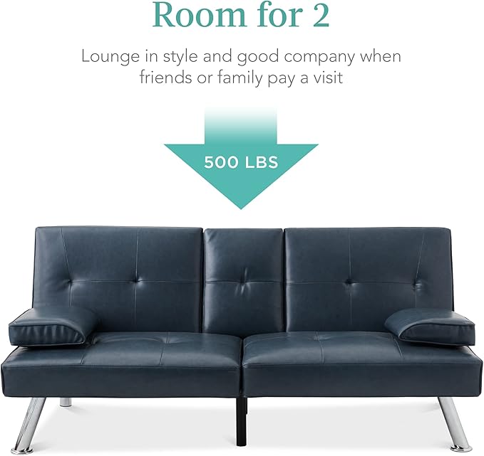 Best Choice Products Faux Leather Upholstered Modern Convertible Futon, Adjustable Folding Sofa Bed, Guest Bed w/Removable Armrests - Blue