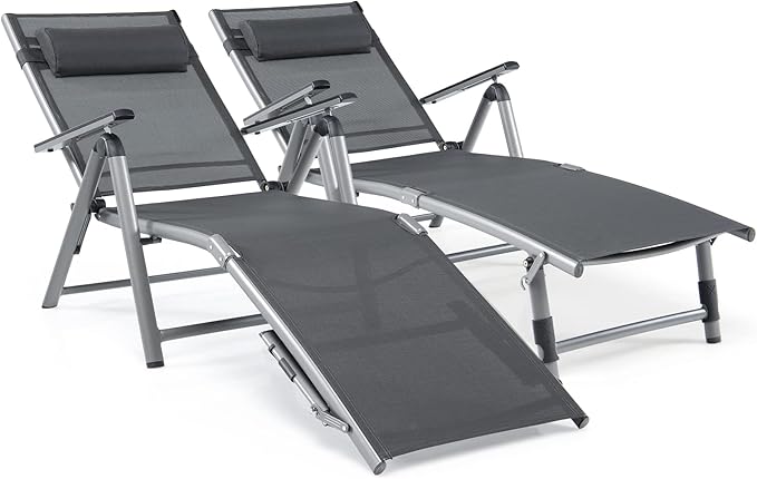 HAPPYGRILL Patio Lounge Chairs Set of 2, Aluminum Chaise Lounge Chair with 8-Position Adjustable Backrest, 2-Position Footrest, Comfortable Headrest, Outdoor Folding Reclining Chair