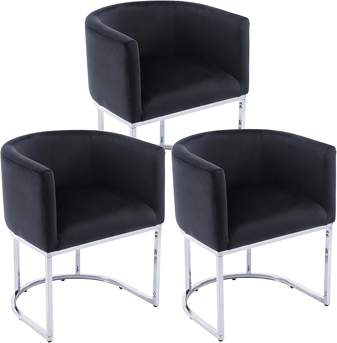 VESCASA Velvet Upholstered Dining Chairs with Barrel Back, Mid Century Modern Padded Restaurant Chairs with Chrome Metal Frame for Kitchen, Dining Room, Set of 3, Black