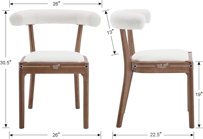 Kmax Dining Room Chairs Mid-Century Modern Fabric Kitchen Chairs with Natural Walnut Finished Frame, Linen Curved Back, Set of 6, White
