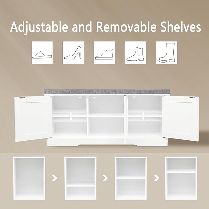 DINZI LVJ Shoe Bench, Entryway Storage Bench with Doors, Cushion, 2-Tier Shoe Rack with 6-Cubby, 39.4”L x 13.8”W Shoe Organizer Cabinet, Adjustable Shelf, Living Room, Bedroom, White