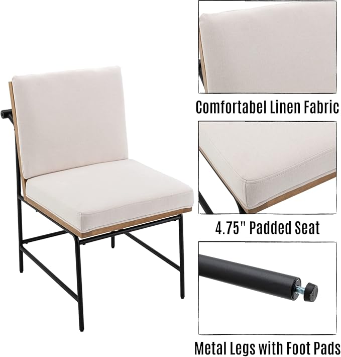 LukeAlon Mid Century Linen Dining Chairs Set of 4, Upholstered Square Back Kitchen Chairs with Metal Legs Armless Parsons Chairs with Wood Frame for Dining Room Reception Room, White