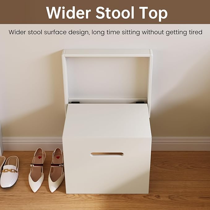 17.55“W Wall Mounted Folding Chair Solid Step Stools,Shoe Changing Stool,Door Shoe Footstool,Folding Hang Balcony Living Stool,Space Saving Hidden Wall Stools,Entryway Seat,Tea White