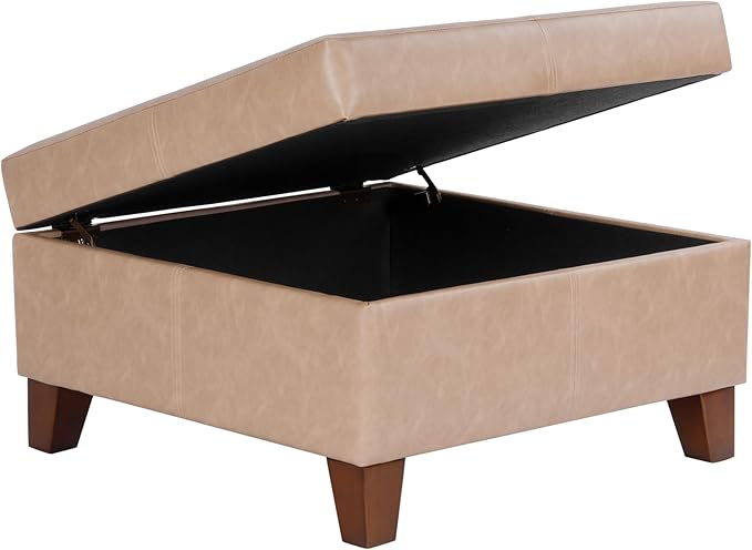 HomePop Faux Leather Square Storage Ottoman with Wood Legs, Sand
