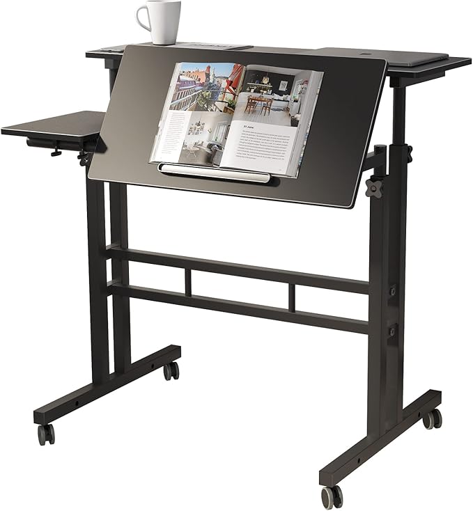 DlandHome Computer Desk, Adjustable Rolling Desk Standing Desk, 31.5L x 23.6W x 26.4-45.3H inch, Black