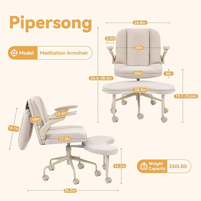 Pipersong Meditation Cross Legged Armchair, ADHD Chair with Adjustable Armrests, Criss Cross Desk Chair with Flexible Back Cushion, Swivel Footrest, Arm Support and Wheels for Home Office, Beige