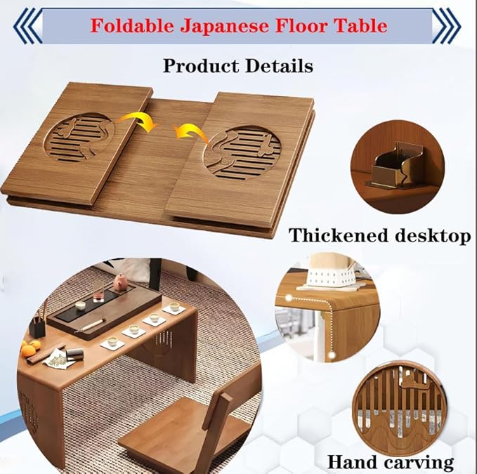 Japanese Floor Table Folding Coffee Table No Assembly, Solid Wood Small Coffee Table Meditation Table for Sitting on The Floor, Tea Room Tatami Dining, Portable & Easy Storage Compact Design