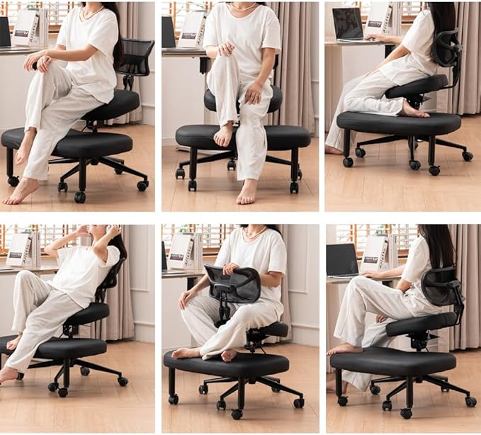 Ergonomic Cross Legged Chair with Wheels, Versatile Kneeling Chair for Home and Office, Adjustable Back Support,Black