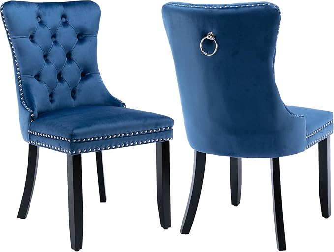YeahFurn Blue Mid Century Modern Dining Chairs Set of 2, Velvet Upholstered Kitchen & Dining Room Chairs with Nailhead Trim & Solid Wood Legs, Elegant Sillas De Comedor (Blue, 2 Pcs)