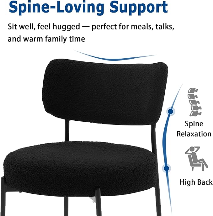 Stabrech Black Boucle Dining Chairs Set of 8, Upholstered Dinner Chair with Metal Frame, Dining Room Chairs with Padded Seat, Round Modern Seating for Living Room