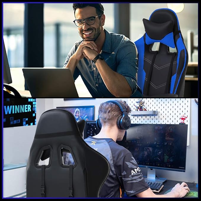 BestOffice | Ergonomic Gaming Chair | Blue | Reclining Computer Chair with Lumbar Support, Headrest Pillow, Adjustable Footrests | 360 Swivel with Heavy Duty Wheels | for Home & Office