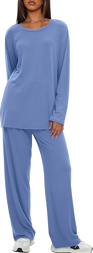 Darong Women's 2 Piece Lounge Set Casual Long Sleeve Crew Neck Tops Wide Leg Pants Travel Airport Outfit Matching Sets