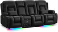 URRED Loveseat Recliner Sofa with Massage and Heat, Power Reclining Loveseat Sofa RV Couch with Console and Middle Seat, 3-Seater Home Theater Seating with LED Lights, Faux Leather, Black