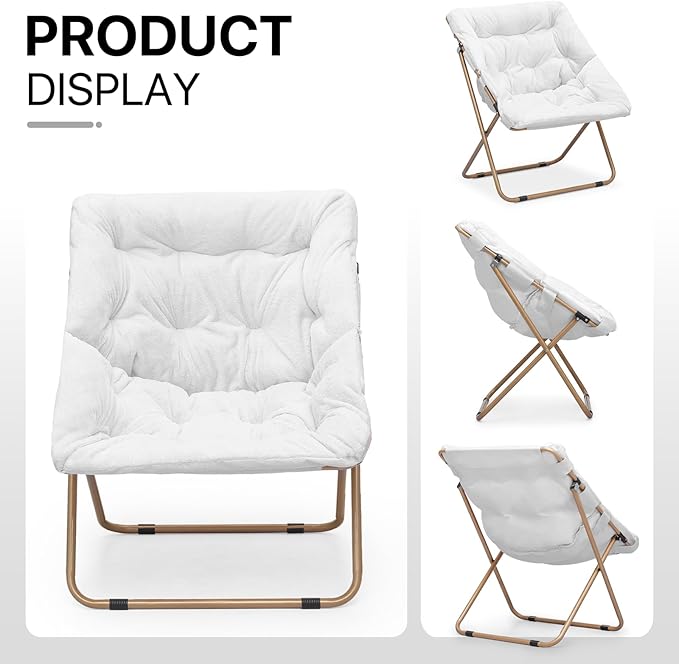 Athena Collection Saucer Chair for Adult, Square Comfy Cozy Chair Folding Chair Faux Fur Metal Frame Foldable Reading Chair Accent Chair for Bed Room Living Room, White