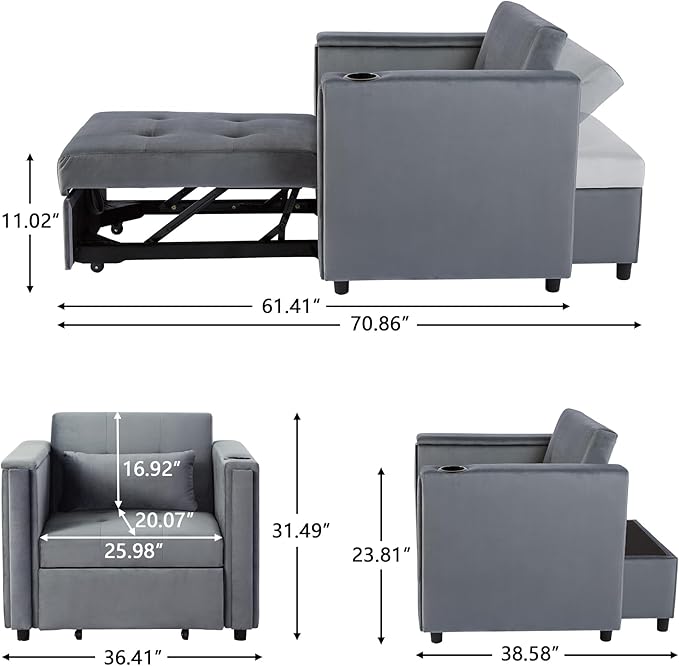 ORRD Convertible Chair Bed, 3-in-1 Multi-Functional Velvet Sleeper Sofa Pull-Out Couch Chair Bed with Adjustable Backrest and Hidden Side Table for Living Room, Small Space, Apartment (Grey)